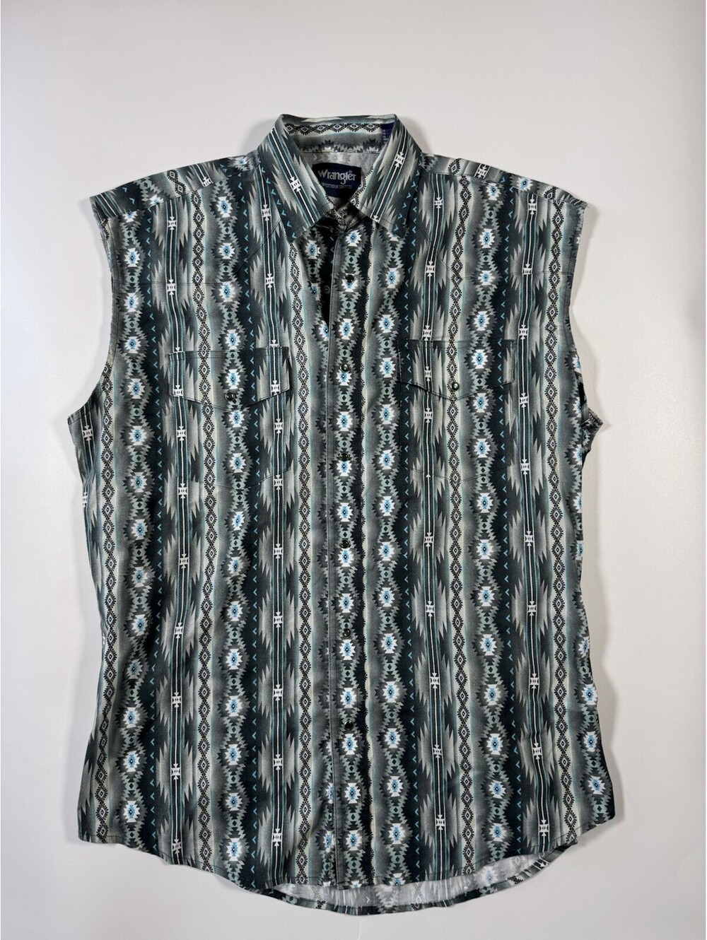Wrangler Western Shirt Mens L Factory Sleeveless Aztec Pearl Snap Southwestern